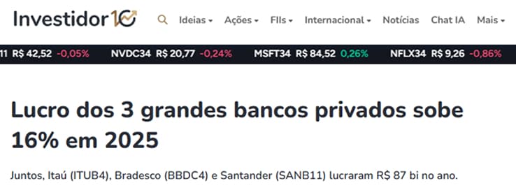 Lucro dos 3 grandes bancos privados sobe 16% em 2025